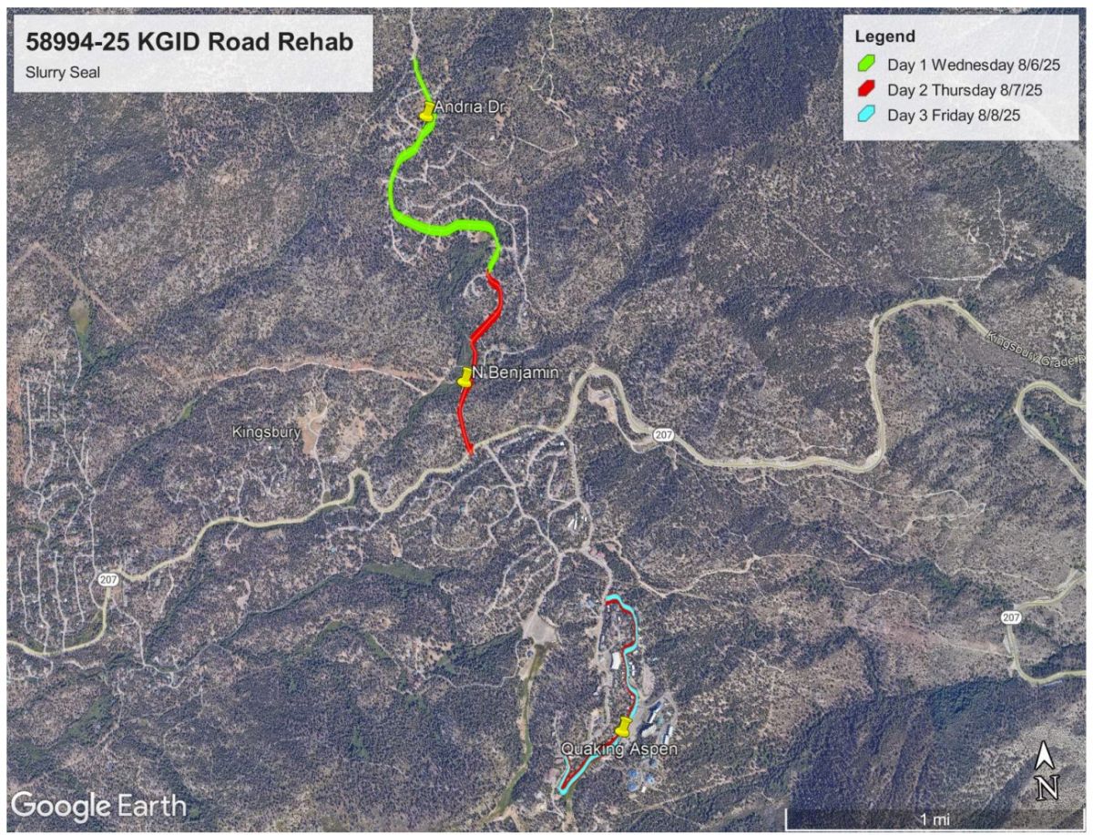 KGID Slurry Seal color coded map for roads and dates affected 8/6/25 through 8/8/25.